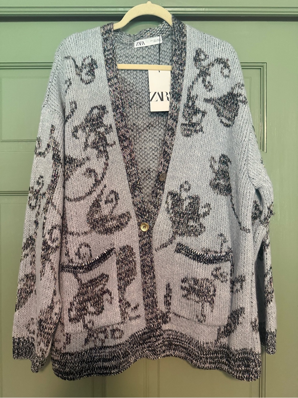 Zara Grey and Black Patterned Knit Cardigan